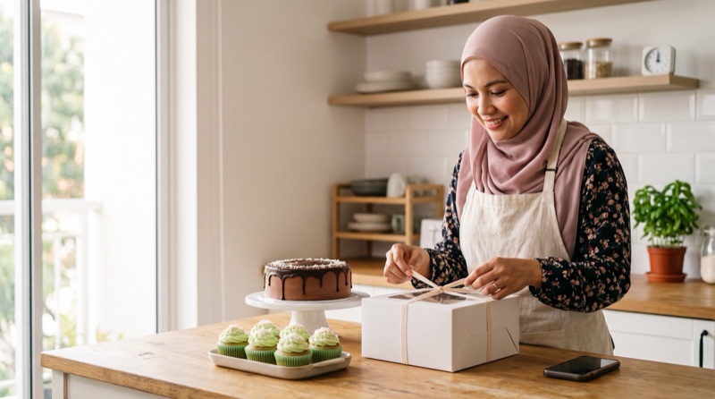 A baker in a pink headscarf and apron smiling as she ties a ribbon around a white cake box in a bright kitchen, with a chocolate cake and a tray of cupcakes beside her.