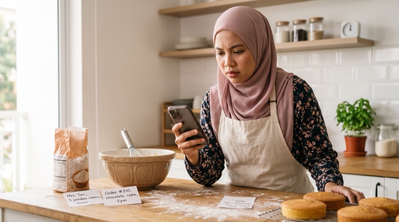 A baker in a pink headscarf looking worried at her phone in a kitchen, with flour on the counter and handwritten order notes beside her.