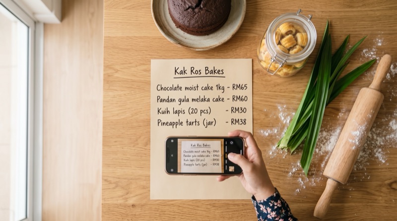 A hand holding a phone to photograph a handwritten cake menu on paper.