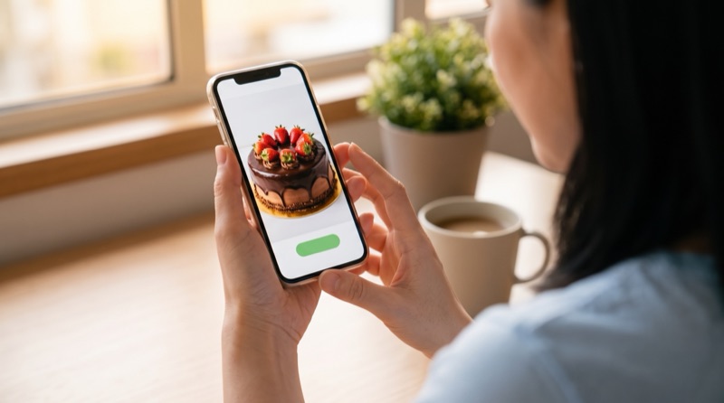 A customer holding a phone that shows a chocolate cake photo and a green button.