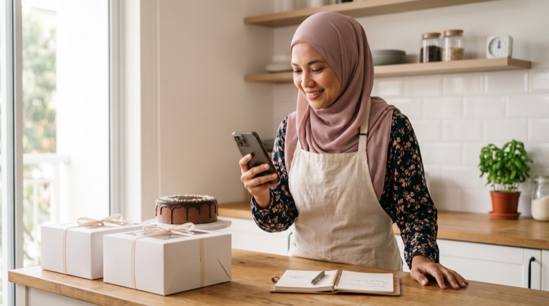 A baker smiling at her phone beside tied cake boxes and an order planner.